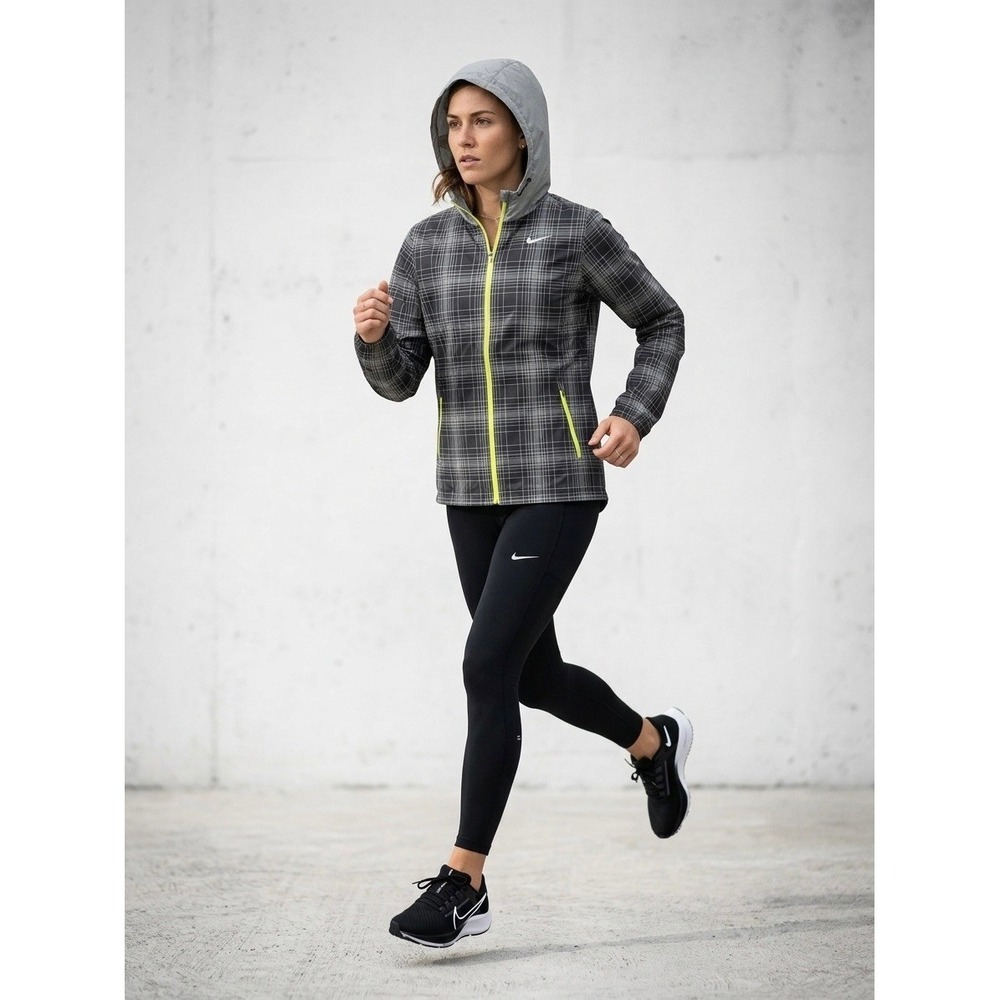 Nike Running Women Plaid Hooded Windbreaker Jacket Grey Neon Yellow 446322-060 S